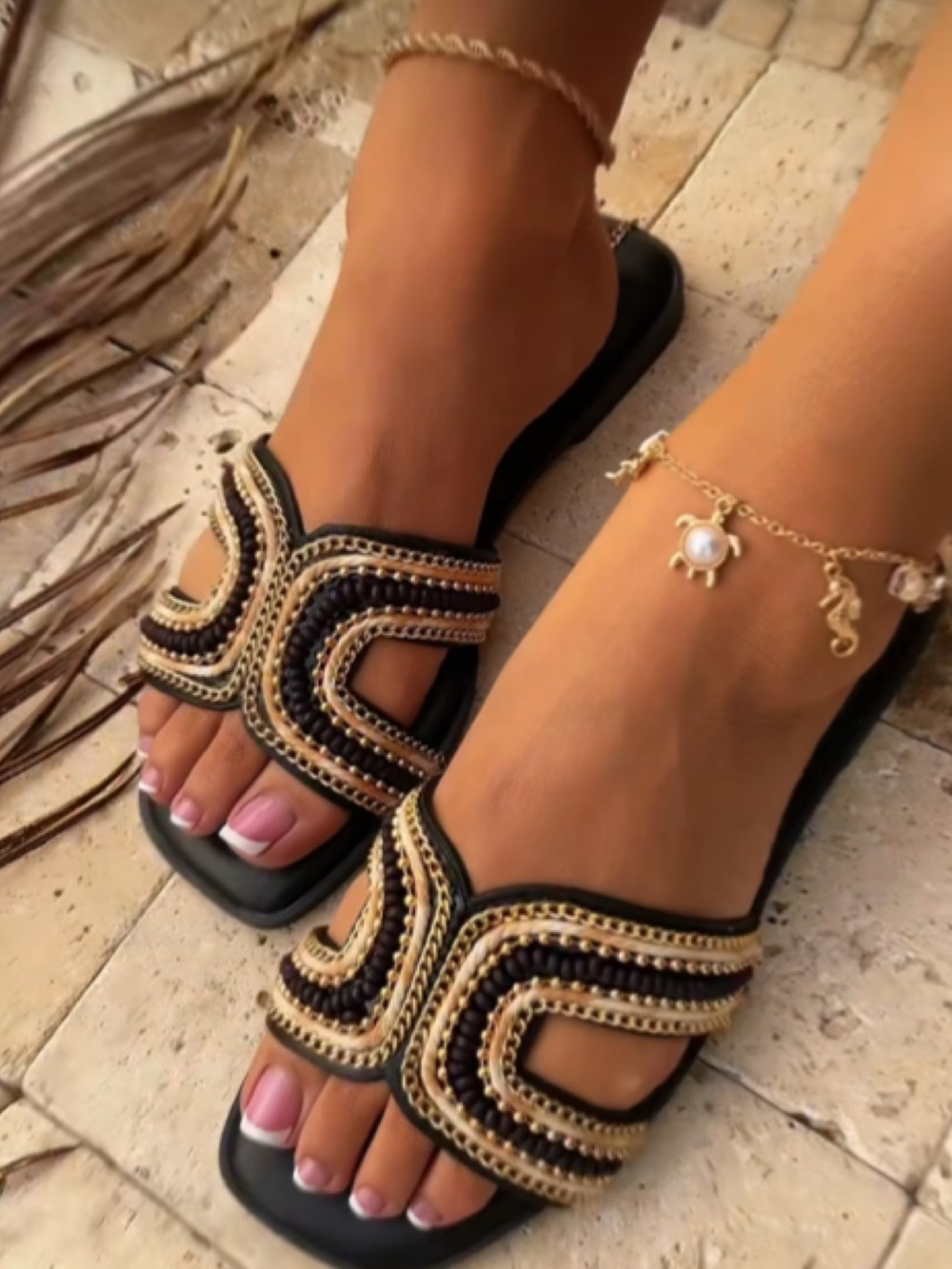 🔥Ivy Black Beaded Slide Sandals with Gold Accents🔥Size 6-10